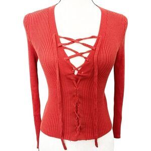 Ambiance Apparel Long Sleeve Ribbed Knit Lace Up V-Neck Sweater Size M